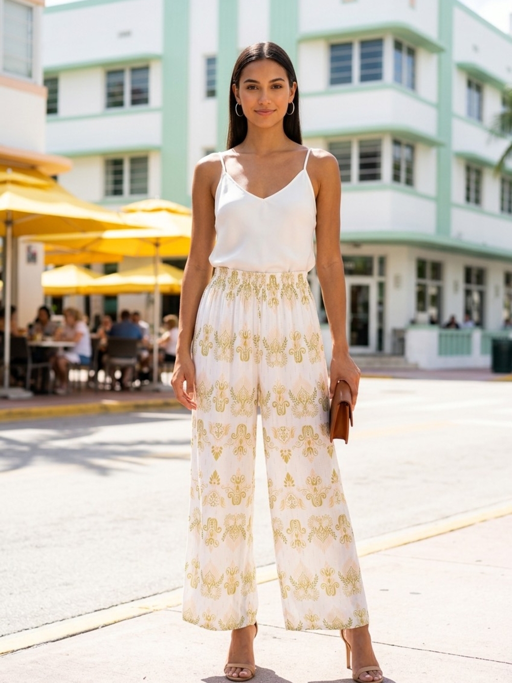 Printed Wide Leg Pants - Olive Green & White